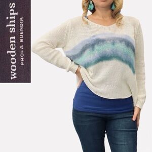 Wooden Ships Malibu V-Neck Knit Coastal Classic Sweater Blue & White Watercolor